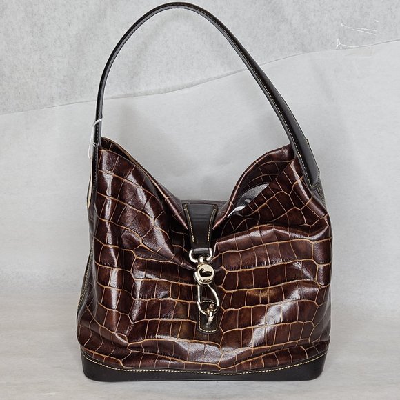Dooney & Bourke Duck Logo Brown Embossed Crocodile Leather Purse Tote Handbag - Picture 1 of 12